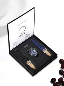 TOMI 礼品套装：男士旋转齿轮石英表，带可更换表带，礼盒装，适合日常生活、返校、万圣节、节日 - 藍色 - 查看 2