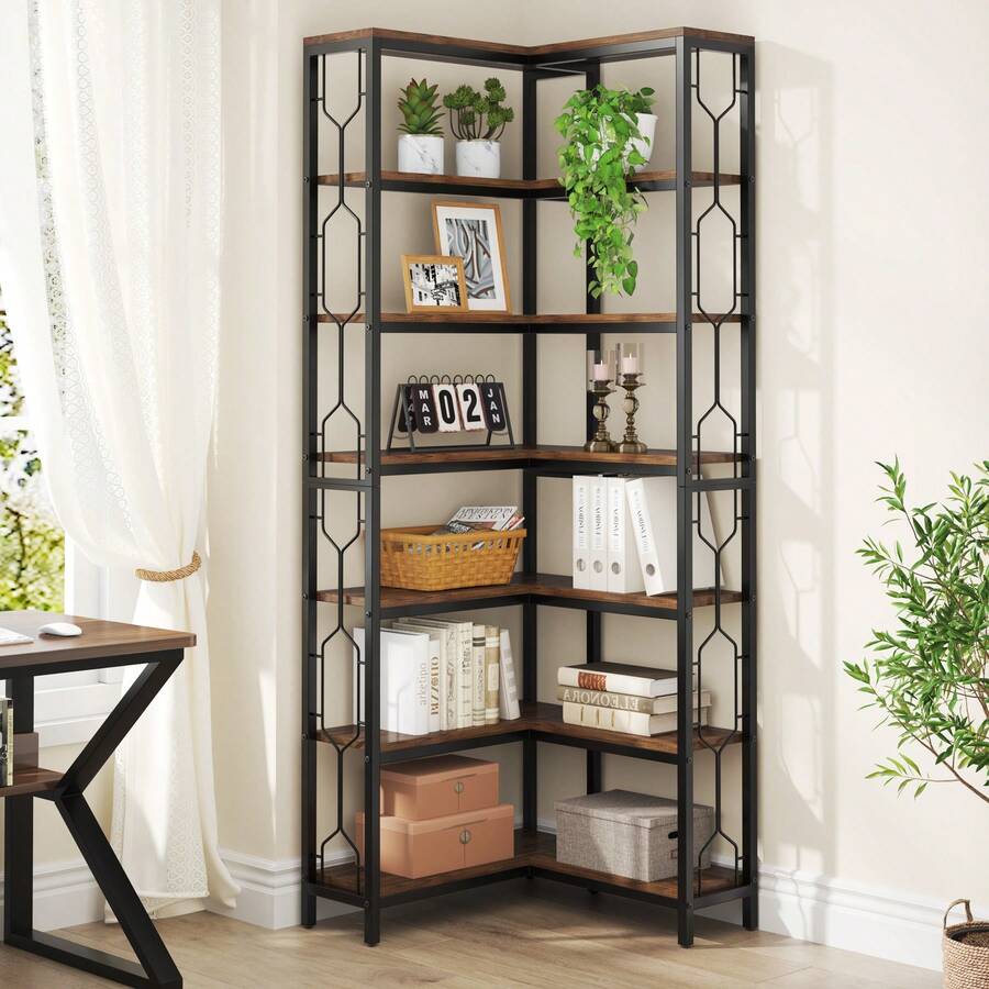 LITTLE TREE Corner Shelf, 7-Tier Industrial Corner Bookshelf, 78.7 Inch Tall Storage Organizer, Wood And Metal Etagere Bookcase, Freestanding Display Shelf For Living Room, Kitchen, Home Office, Rustic Brown - 棕色 - 查看 1