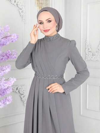 Fashiona 纯色女式华丽奢华感收腰阿拉伯长裙