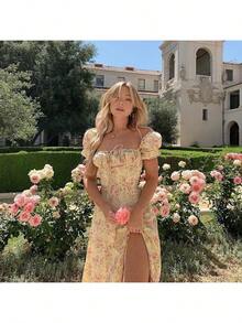 Women's Floral Print Square Neck Dress French Split Hem Dresses Elegant And Sexy - 鵝黃色 - 查看 1