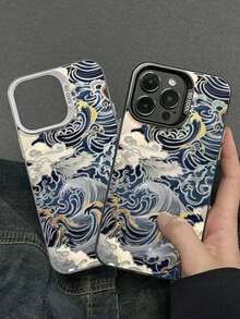 Concha plateada coloreada - Olas Ukiyoe negras