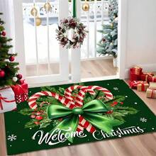 1pc Holiday Christmas Welcome Doormat With Candy Cane And Holly Design, Soft Comfortable Carpet, Bathroom Mat, Bath Rug, Doormat, Small Rug, Carpet, Mat, Home Decor, Area Rug, Outdoor Mat, Home Decoration, Area Carpet, Bedroom Rug, Washable Rug, Ins Style Rug, Best Gift For Girls, Christmas New Year Holiday Decor Kitchen Rug