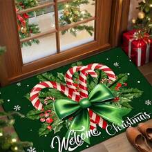 1pc Holiday Christmas Welcome Doormat With Candy Cane And Holly Design, Soft Comfortable Carpet, Bathroom Mat, Bath Rug, Doormat, Small Rug, Carpet, Mat, Home Decor, Area Rug, Outdoor Mat, Home Decoration, Area Carpet, Bedroom Rug, Washable Rug, Ins Style Rug, Best Gift For Girls, Christmas New Year Holiday Decor Kitchen Rug