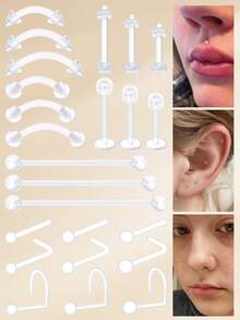 3件套休闲塑料尖刺穿刺饰品套装，男女通用，适合日常通勤；20G鼻钉，16G唇钉，透明穿刺固定器，唇环，眉环，塑料工业杠铃，工业杠铃固定器，耳骨耳环 - 透明 - 查看 2