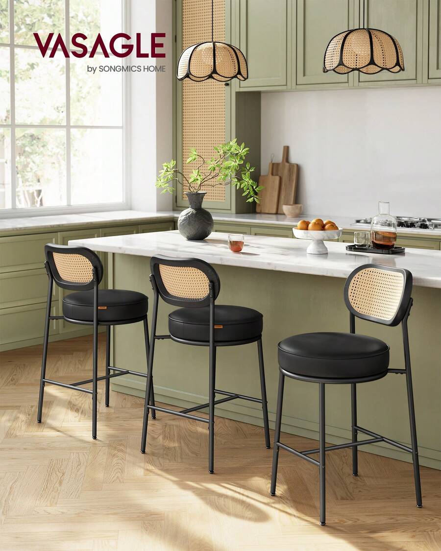 VASAGLE Bar Stools Set Of 2, Bar Height Stools With Rattan Back And Metal Legs, 25.1-Inch Tall Counter Chairs, Modern Leather Upholstered Barstools For Kitchen Island Dining Room - 黑色 - 查看 1