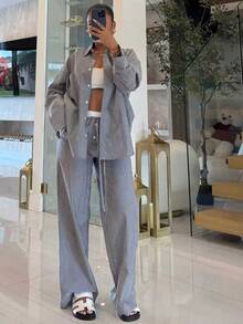 2pcs Women's Fashion Striped Shirt Set - Front-Buttoned Pocket Long Sleeve Shirt And Elastic Waist Drawstring Straight Leg Pants, Autumn - Gray Blue - View 8
