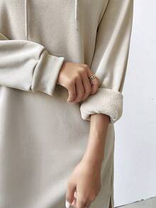 Sudadera casual de mujer con bolsillo dividido y costillas con estampado de letras - Caqui - Ver 4