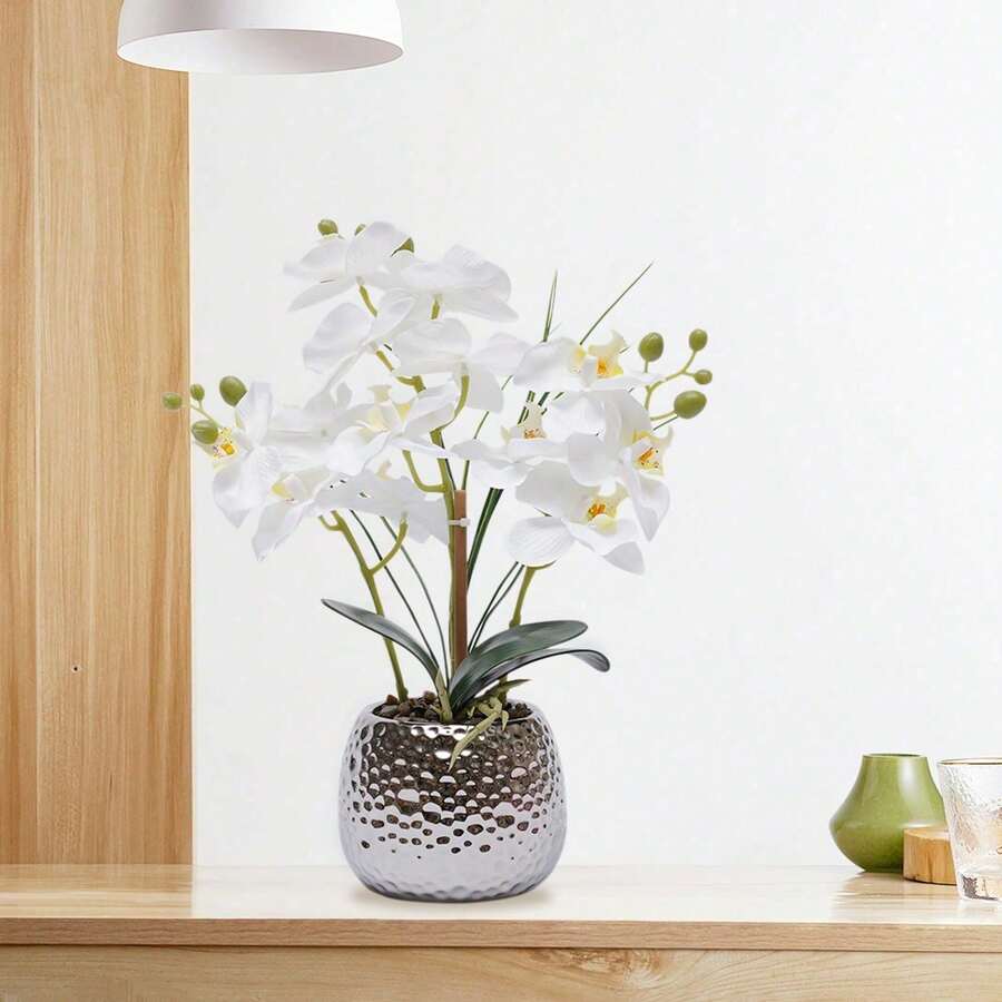 24 Stems Of White Silk Orchids, EXTRA REALISTIC With Ceramic Pot (30cm Height), Easy-Care Artificial Flowers For Windowsills/Living Rooms/Offices, Frost- And UV-Resistant - 白色 - 查看 1