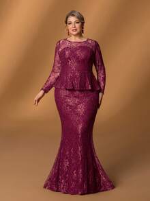 Faeriesty Mosy​ ​Elegant Plus-Size Mother Of The Bride Dress: Small Round Neckline, Flattering Long Sleeves, Dramatic Fish Tail Skirt, Chic 2 In 1 Design. Perfect For Formal Wedding Ceremonies, Black Tie Galas, Grand Evening Banquets, Upscale Anniversary Celebrations, Sophisticated Fundraising Balls.​​