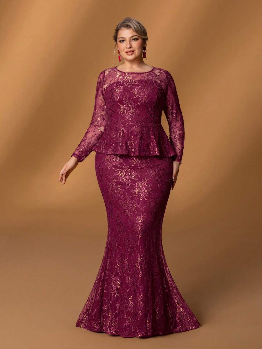 Faeriesty Mosy​ ​Elegant Plus-Size Mother Of The Bride Dress: Small Round Neckline, Flattering Long Sleeves, Dramatic Fish Tail Skirt, Chic 2 In 1 Design. Perfect For Formal Wedding Ceremonies, Black Tie Galas, Grand Evening Banquets, Upscale Anniversary Celebrations, Sophisticated Fundraising Balls.​​