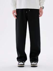 男士保暖跑步裤 - 纯色，抽绳腰带，拉链口袋，舒适弹力涤纶混纺面料，冬季保暖 - 黑色 - 查看 5