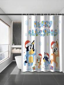 [Christmas Bluey Shower Curtain Window Curtain Set] 1/3/4pcs Christmas Solid Color Santa Hat Bluey Family And Friends Holiday Pattern Printed Shower Curtain Set, Modern Design, Suitable For All Seasons, Waterproof Polyester Hooks And Lining, Flannel Material, Soft Surface, Absorbent Anti-Slip Bathroom Mat, Bathroom Set Includes U-Shaped Mat, Toilet Mat, Anti-Slip Bathroom Mat And Bathroom Accessories, Home Decor, Holiday Decor, Christmas Gift, Daily Decor, Gift Giving