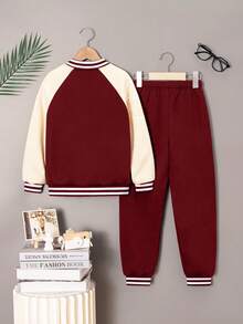 2pcs/Set Young Boy Casual Fashion Letter Print Raglan Sleeve Contrast Color Sweatshirt & Pants Set - Burgundy - View 2