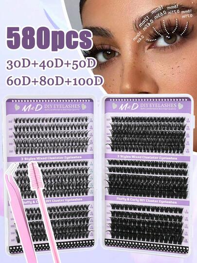 580 Pieces Eyelash Extension Kit, DIY Eyelash Extension Kit Single Eyelash Cluster D Curl, Various Styles Of Hot-Fusing Tufts, Eyelash Cluster With Tweezers, Eyelash Brush Makeup Tools, Suitable For Self-Application At Home (30D-40D-50D-60D-80D-100D)