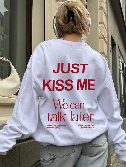 Women's Casual Crew Neck White Sweatshirt With Simple INS English Print, Fashionable And Versatile For Daily Wear, Autumn/Winter