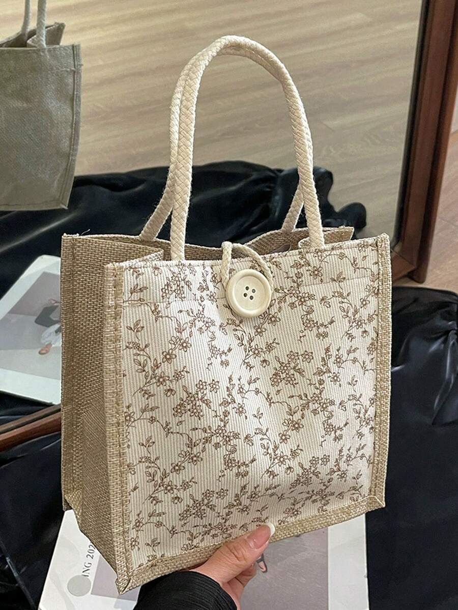 1个印花亚麻手提袋,伴娘手提包,化妆包,大容量旅行化妆包,多功能便携教师手提袋,女士礼物,教师节礼物,便携休闲收纳袋,教师礼物 - 彩色 - 查看 1