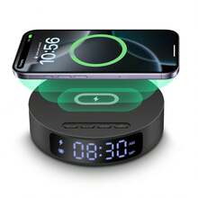 2-In-1 Wireless Charger With Time Display And Alarm Clock Function, Suitable For Bedroom Or Desk, Charging Base Compatible With IPhone 17/16/15/14/13/12/11 Pro Max/Mini/Plus/XR/XS/X/8, Compatible With AirPods 2/3/4/Pro/Pro 2, Compatible With Samsung S25/S23/S22/S21/S20, Galaxy Buds - Black - View 2