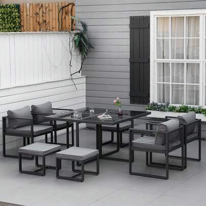  Outsunny 9 Pieces Garden Dining Set With Cushion, 8 Seater Garden Table And Chairs Cube Set With Glass Top Dining Table, 4 Chairs And 4 Footstools, Grey