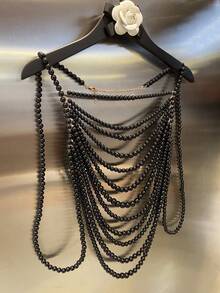 DEKUNER 1pc Gothic Style Multi-Layer Beaded Body Chain Spaghetti Strap Top, Unique Exaggerated Necklace Accessory For Festivals And Parties - Black - View 6