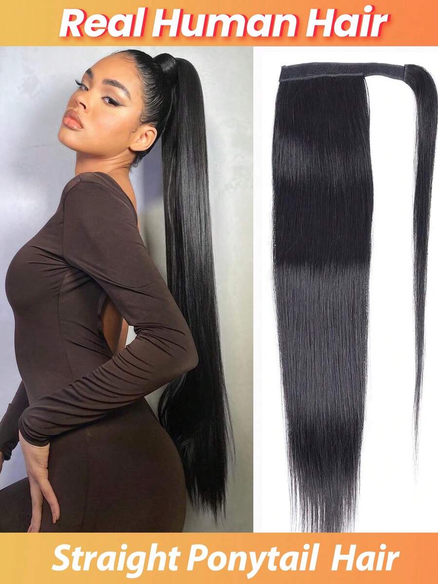 30 英寸马尾接发真人发 90 克 #1B 天然黑色 100% 雷米发质长直马尾辫环绕式接发片女士一体式假发