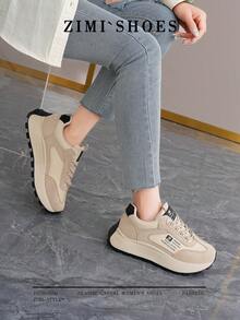 1 par de zapatillas casuales para mujer, con punta redonda, cordones y suela de cuero, adecuadas para todas las estaciones