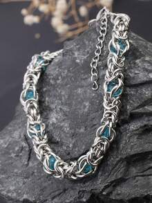 1pc Stainless Steel Silver Punk Style Exaggerated Wavy Design Artificial Sapphire & Cubic Zirconia Thick Chain Bracelet, Adjustable, Fashionable & Versatile, Suitable For Men's Daily Wear And Parties, Great Gift For Boyfriend, Brother