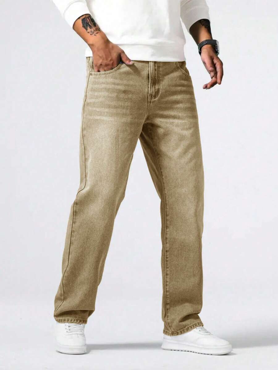 1pc Men's Casual Khaki Denim Pants, Comfortable Street Style, Suitable For City Walking And Outdoor Activities, Spring/Summer - Màu Khaki - Xem 1