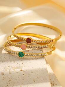 1 pieza Brazalete clásico de acero inoxidable bellamente brillante con disco incrustado de circonita sintética de colores, para uso diario de hombres, mujeres y parejas, ideal como regalo de vacaciones