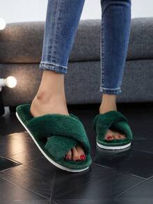 Women's Fluffy Soft Criss-Cross Slippers, Warm Plush Fuzzy Open Toe Slip-On House Shoes, Comfortable Indoor Outdoor Slippers, Breathable Pink - Dark Green - View 4