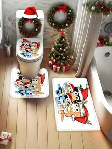 [Christmas Bluey Shower Curtain Window Curtain Set] 1/3/4pcs Christmas Solid Color Santa Hat Bluey Family And Friends Holiday Pattern Printed Shower Curtain Set, Modern Design, Suitable For All Seasons, Waterproof Polyester Hooks And Lining, Flannel Material, Soft Surface, Absorbent Anti-Slip Bathroom Mat, Bathroom Set Includes U-Shaped Mat, Toilet Mat, Anti-Slip Bathroom Mat And Bathroom Accessories, Home Decor, Holiday Decor, Christmas Gift, Daily Decor, Gift Giving