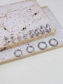 DareSee 6对精致月亮耳钉耳环套装，银色不锈钢低过敏性耳环，镶嵌小巧锆石花朵，适合耳垂、耳骨、耳廓等多个穿孔部位，是送给女性的礼物，也是音乐节的理想之选 - Silver-1# - 查看 11