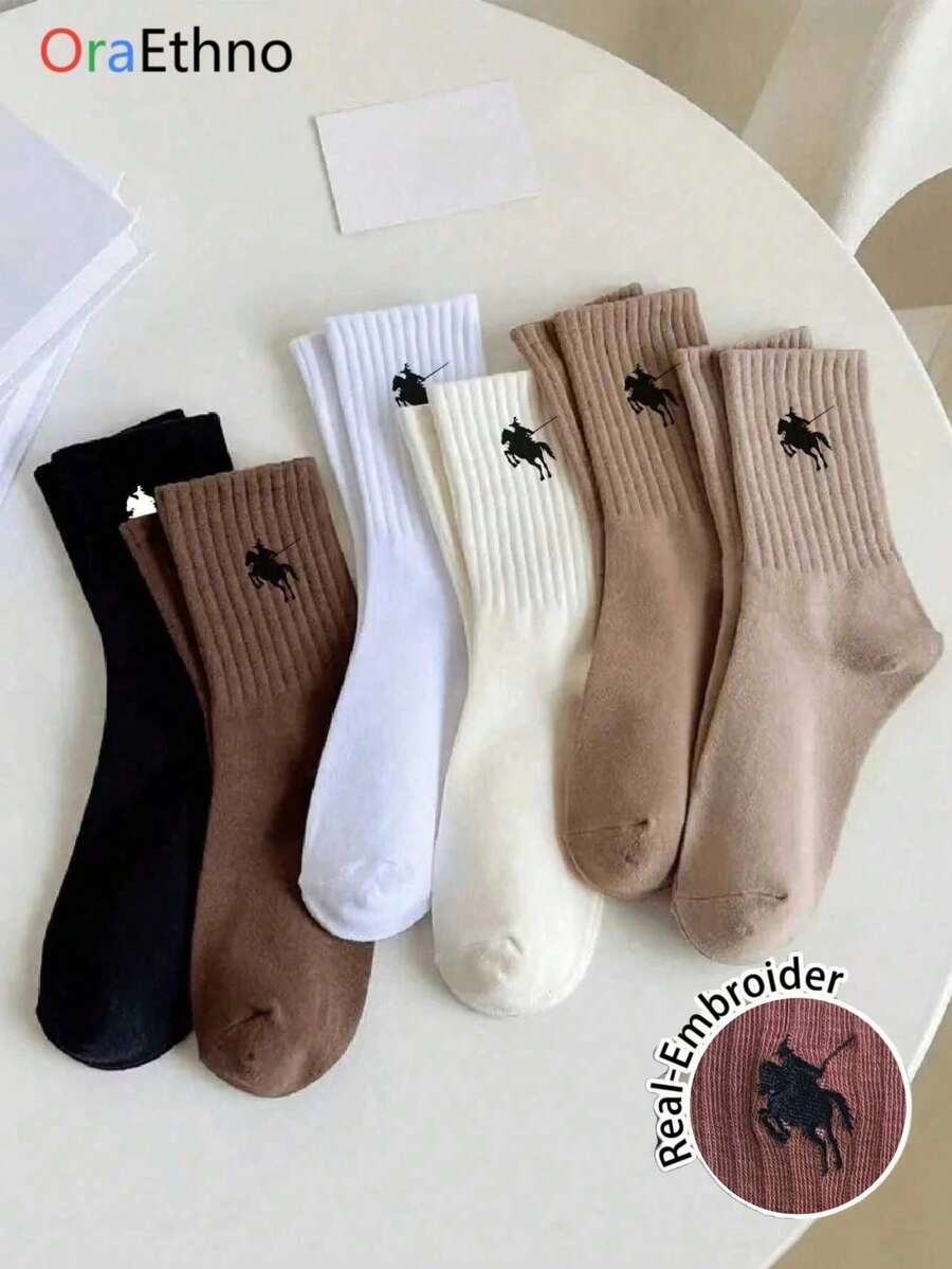 1/5 pares de calcetines de tripulación para mujer de diseño bordado de caballero, cómodos y casuales, que absorben la humedad, engrosados, divertidos, únicos, personalizados, sugerencia de regalo de otoño/invierno - Multicolor - Ver 1