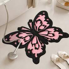 1pc Pink & Black Butterfly Pattern Bath Mat, French Chic Bathroom Rug, Suitable For Bathroom, Bedroom, Living Room, Camping And Entryway, Ideal Home Decor Carpet, Bath Mat, Bathroom Rug, Door Mat, Small Rug, Carpet, Mat, Home Decor, Area Small Rug, Outdoor Mat, Home Decor, Area Rug, Bedroom Rug, Washable Carpet Christmas Decor Kitchen Rug