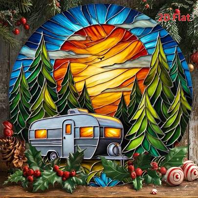 1pc Round Camping Themed Glass-Look Sign With RV, Forest And Sunset Design, Suitable For Home, Bedroom, Dining Room, Cafe, Bathroom, Garage Wall Decor - Perfect Gift For Camping Enthusiasts, Camping Decor