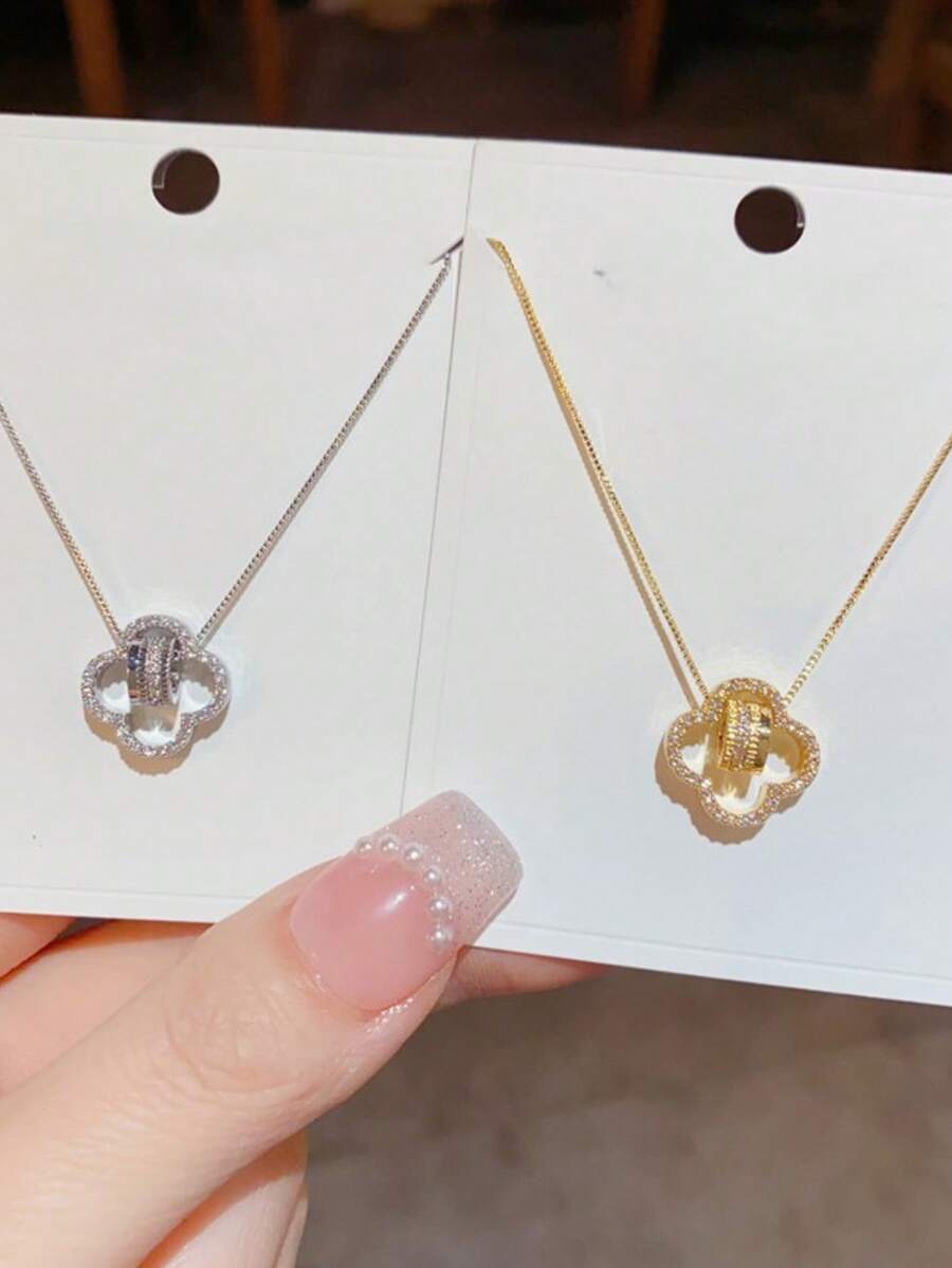 1pc Fashionable Elegant Bestselling Necklace, Delicate Micro-Inlaid Zirconia Four-Leaf Flower Necklace, Unique Luxury Clavicle Chain For Women - Four-leaf Slender Waist Necklace - View 1