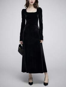 2025 新款优雅派对鸡尾酒会舞会礼服冬季方领天鹅绒连衣裙女式黑色长袖别致修身 A 字复古办公室服装约会夜礼服女式秋季长袍