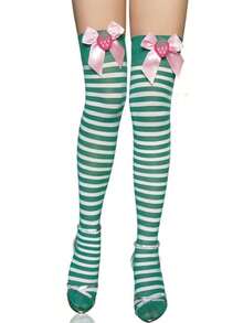 A Pair Of Green And White Striped Bow Strawberry-Themed Over-The-Knee Socks For Women