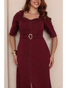 Women's Long Dress With Half Sleeves And Simple Print With Exposed Seams, Super High Fashion Winter, Árbora Eminence. - 酒紅色 - 查看 6