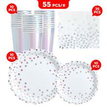 30 pièces Assiettes jetables à bordure à pois argentés, set de serviettes et de gobelets, convient pour les fêtes, anniversaires, mariages, pique-niques en famille