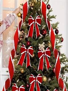 1pc,Christmas Ribbon With White Tassel Edge, DIY Bowknot , New Year Winter Valentine'S Day Gift Wrapping, Wreath For Christmas Halloween Thanksgiving New Year Universal, Can Be Used Daily
