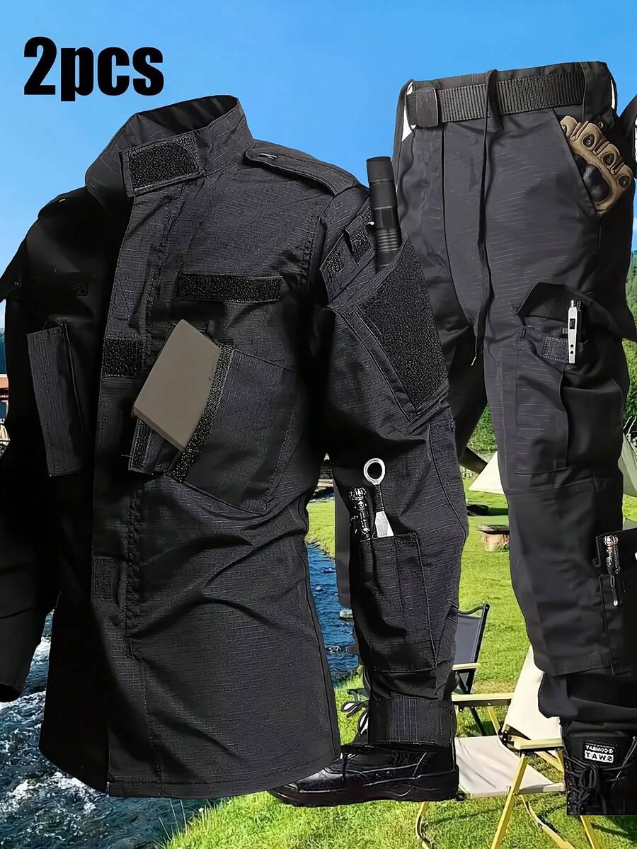 A Solid Color Spring And Autumn Outdoor Outfit, Consisting Of 2pcs, Featuring Multiple Pockets And Durable Multifunctional Design For Men, Equipped With, A Popular Choice Among The Masses. - màu đen - Xem 1