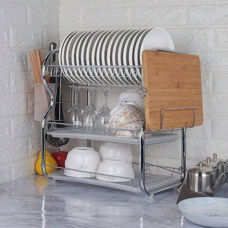 Kitchen Draining Rack, High-Quality Double Draining Rack, Three Tiers And Three Trays - Stainless Steel Dish Drainer With Draining Board For Plates, Bowls, Cups For Kitchen Shelf, Removable, 3 Tiers - Silver 2-42*25*43.5cm - View 1