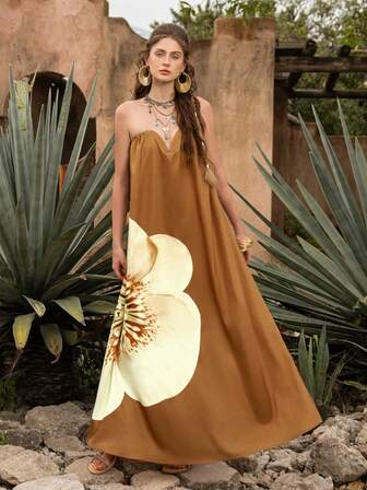 Faeriesty BohoBloom 女式波西米亚长裙，露背设计，宽松版型，鲜艳花卉印花 - 非常适合海滩度假、日常休闲装、城市漫步、公园野餐和周末度假