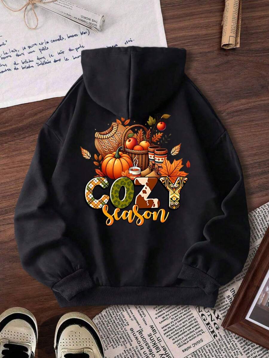 Mujer003-1 Sudadera de mujer Halloween invierno sudadera de manga larga es cómoda y suave Sudadera de cuello redondo con dise?o aut?nomo, con un bonito escudo de frutas y hojas, ideal para disfrutar de la temporada acogedora, en tono negro y con el texto "COZY Season" impreso con estilos variados - Negro - Ver 1