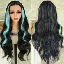 13X4 Free Part Black Green Highlights Body Wave Lace Front Wigs Pre Plucked Soft Long Wavy Hair Wigs Heat Resistant Wave Wigs Glueless Christmas Wig Long Wavy Synthetic Lace Front Wigs For Women Perfect For Daily Wear & Parties - 強調 - 查看 7