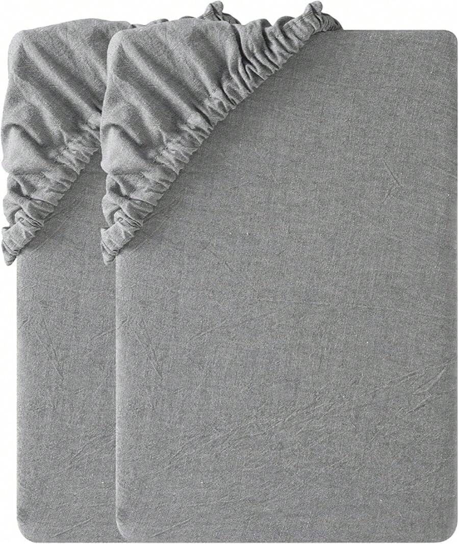 SOULFUL Fitted Sheet 140 X 200 Cm, 100% Washed Cotton Flat Sheet Up To 25 Cm Mattress Height, Breathable With Linen-Like Handle, Oeko-Tex Certified, Sage Green - Grey - View 1