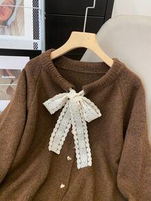 Cárdigan casual de mujer con mangas raglán y cordones, unicolor, para otoño/invierno - Café integral - Ver 6