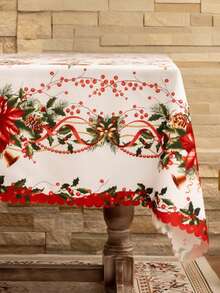 1pc Christmas Holly Berry Red & Green Print Design Table Cover, Durable Polyester Tablecloth Suitable For Rectangular, Round Tables, Multiple Sizes Available, Home Decor Tablecloth, Dining Table Throw, Holiday Patio Fireplace Decoration, Wedding Garden Farmhouse Table Fireplace Decor, Easy-To-Clean Holiday Dining Table Setting, Indoor, Outdoor, Christmas Decoration, Room Decor - Multicolor - View 10