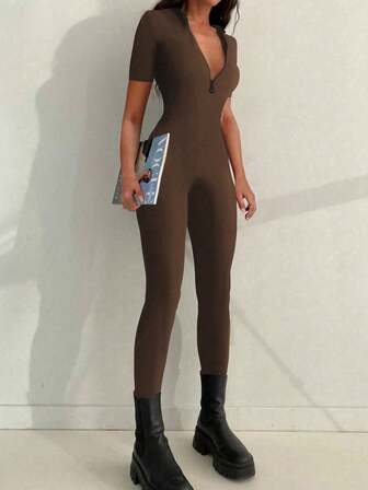 Sexy Streetwear Fitted Zip-Up Short Sleeve V-Neck Jumpsuit Unitard, , Fashionable For Spring And Summer