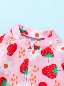 可爱优雅的幼儿泳衣，柔软舒适，草莓花卉印花拼色荷叶边拉链长袖连体泳衣，带蝴蝶结装饰帽，适合夏季泳池、海滩、度假 - 彩色 - 查看 6